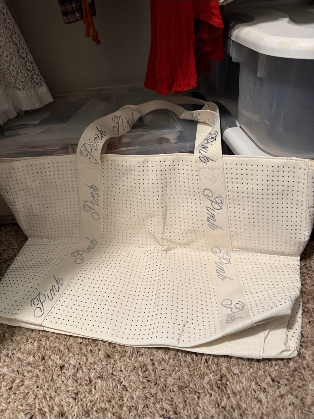 PINK Victoria's Secret Cream Perforated Logo Strap Tote